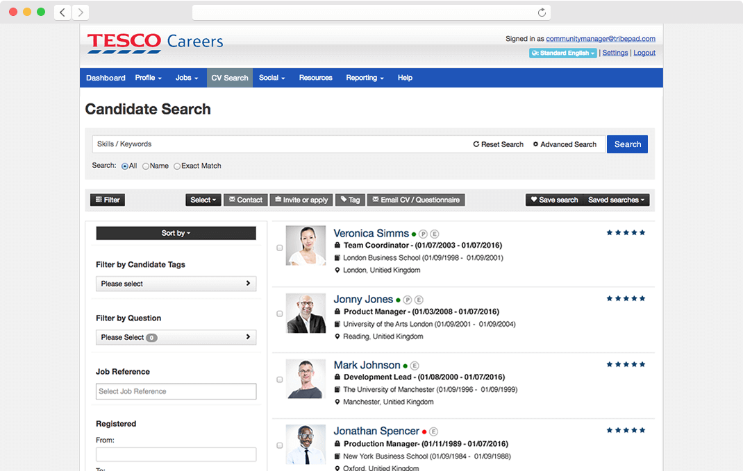 Tribepad Recruiter Dashboard for Tesco