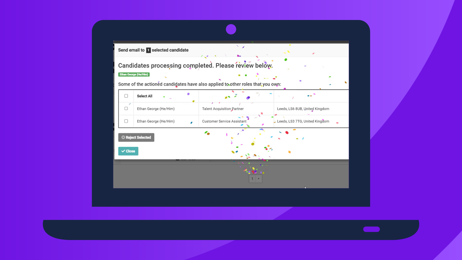 Image of laptop displaying a screenshot of confetti over the Tribepad system