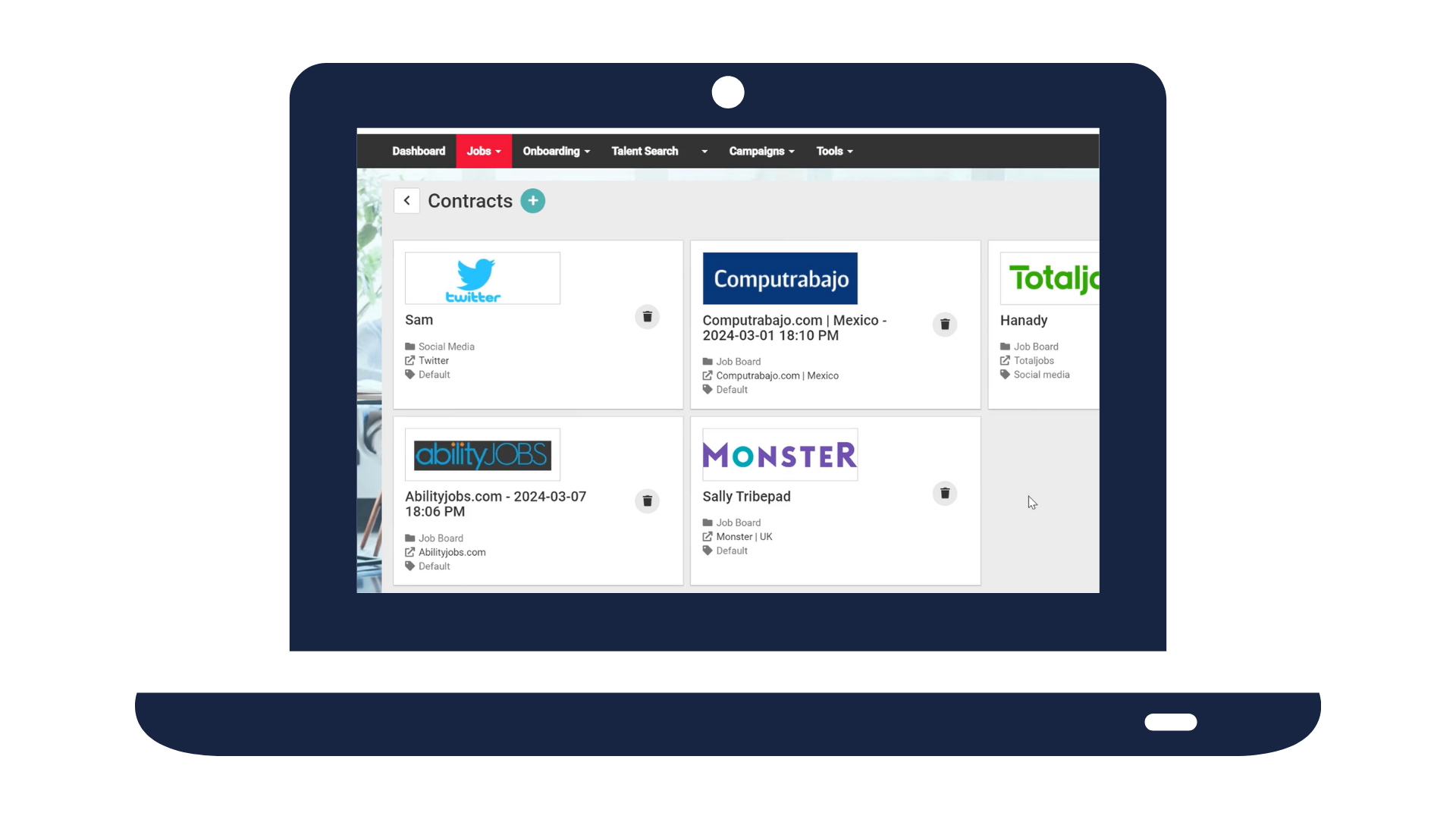 Image of laptop displaying a screenshot of Job Booster on the Tribepad system